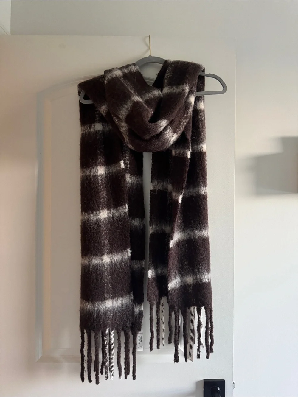 Madewell Brown and White Plaid Fringe Scarf